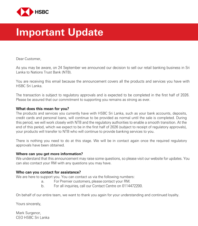 rangaba's tweet photo. HSBC Sri Lanka, which began operations in 1892, is ending its retail business after 133 years. Following Standard Chartered’s March 2025 exit move, HSBC says its 200,000 retail customers need not act now -their accounts will transfer to NTB in 1Q2026. https://t.co/XDQ9phvMLM