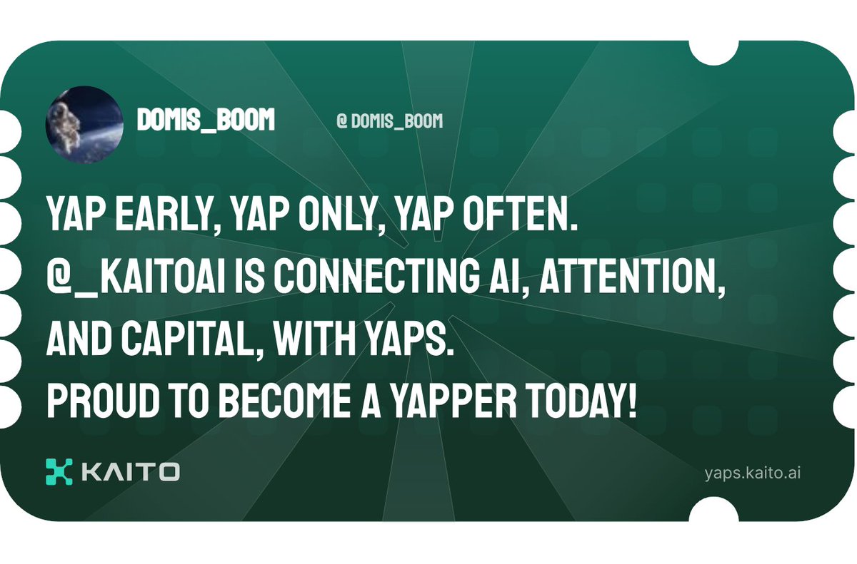 Yap early, yap only, yap often.

<a href="/KaitoAI/">Kaito AI 🌊</a> is connecting AI, attention and capital with Yaps.

Just claimed my social card and I'm accumulating Yap points in real-time.

Claim yours 👉 yaps.kaito.ai/referral/15925…