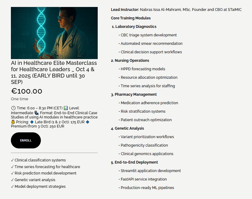 DrSusanNasif's tweet image. This is a unique chance to get yourself familiar with #AI in #Bioinformatics.
The instructor is one of the most brilliant minds 🧠in this field.
Come join a group of professionals from 🇮🇹🇸🇦🇰🇼🇱🇾🇸🇾🇬🇧🇩🇪❗
🚨Last day for early bird 🐦 enrollment 30 SEP.
Max. 25 seats available🟥