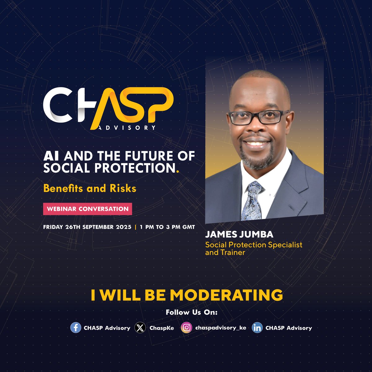 CHASP Advisory - Uganda (@chaspug) on Twitter photo We are pleased to have <a href="/JamesJumba/">James Jumba</a> as our moderator for this Friday’s webinar on AI & the Future of Social Protection.
🕐 Sept 26, 1–3PM GMT.
Register here: us06web.zoom.us/webinar/regist…
#ArtificialIntelligence #SocialProtection #AIforGood We are pleased to have <a href="/JamesJumba/">James Jumba</a> as our moderator for this Friday’s webinar on AI & the Future of Social Protection.
🕐 Sept 26, 1–3PM GMT.
Register here: us06web.zoom.us/webinar/regist…
#ArtificialIntelligence #SocialProtection #AIforGood