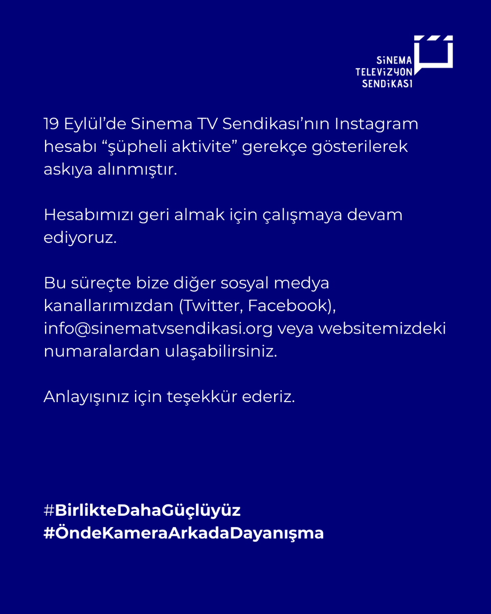 sinematvsen's tweet photo. 19 Eylül’de Sinema TV Sendikası’nın Instagram hesabı “şüpheli aktivite” gerekçe gösterilerek askıya alınmıştır.
Hesabımızı geri almak için çalışıyoruz. Bu süreçte bize diğer sosyal medya kanallarımızdan veya websitemizden ulaşabilirsiniz. 
https://t.co/WxoYzMOBYf https://t.co/kQDFeAhe8i