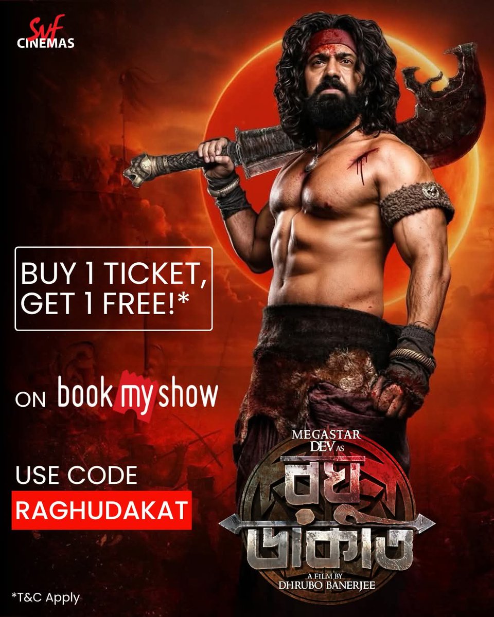 Pranabidas's tweet photo. Double the excitement, double the drama!
This Puja, enjoy Raghu Dakat with the BOGO offer on #BookMyShow! 🍿🔥
Book your tickets now [https://t.co/DGADWmfxXD]
Buy 1 ticket &amp; Get 1 FREE* – Use code RAGHUDAKAT 🎟️ Hurry, limited period offer!

#RaghuDakat #SVFCinemas #ThisPuja https://t.co/oHhlw9EBCK