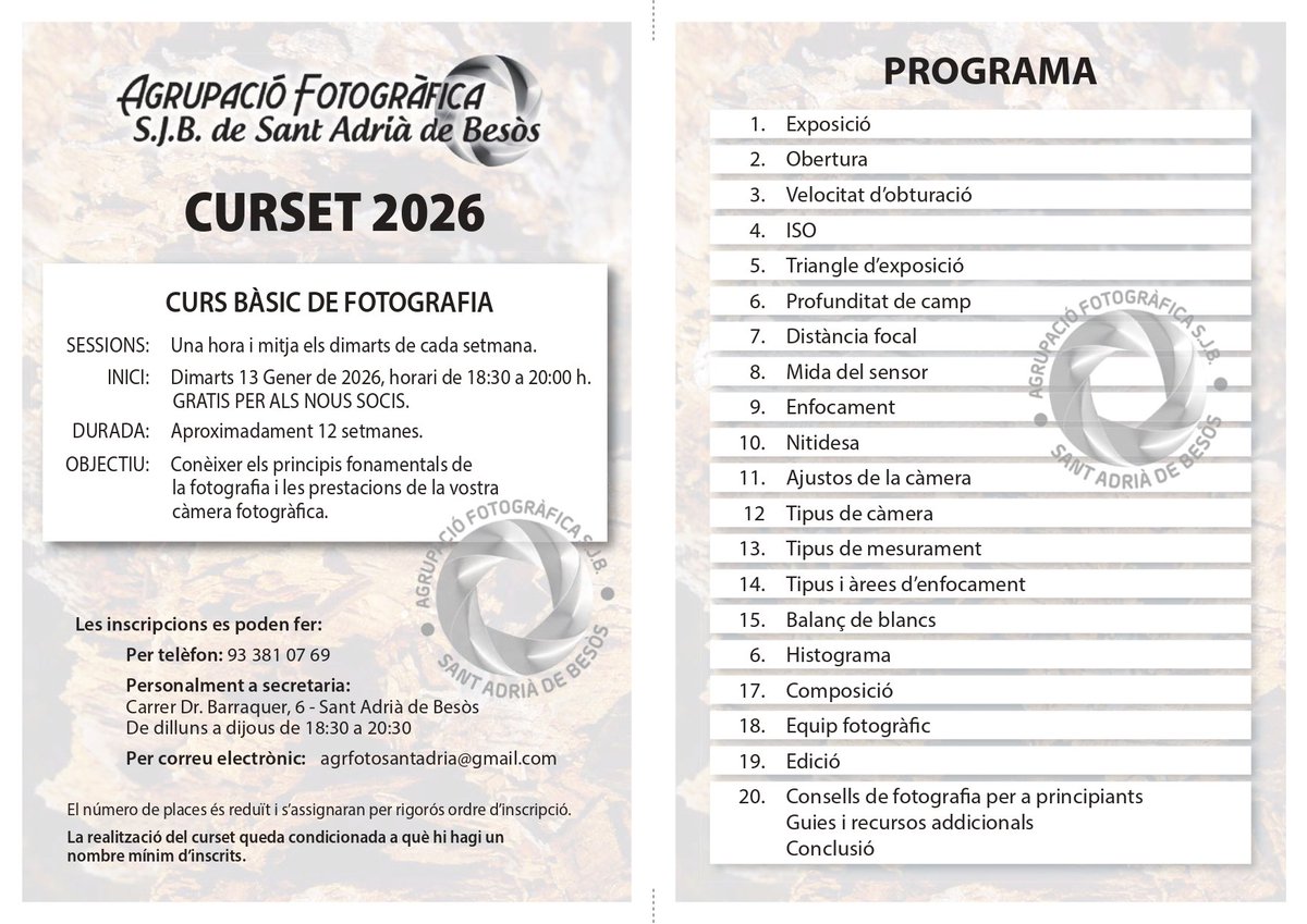 Vols millorar les teves fotografies?

Tens una càmera i tens la sensació que no li treus tot el partit?

Vine al curset que farem a l'Agrupació.

T'hi esperem!

#aprendrefotografia #santadria #fotografia