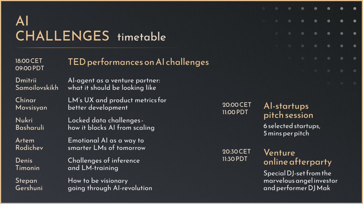 SelectiveVC's tweet image. AI Challenges starts today!
We've prepared a schedule so you don't miss a thing.
Haven't registered yet?
You have one last chance 👉selectivevc.com/ai-challenges
#SelectiveVC #aichallenges #venturecapital #artificialintelligence #futureofai #investing #beselectivevc #selectiveai