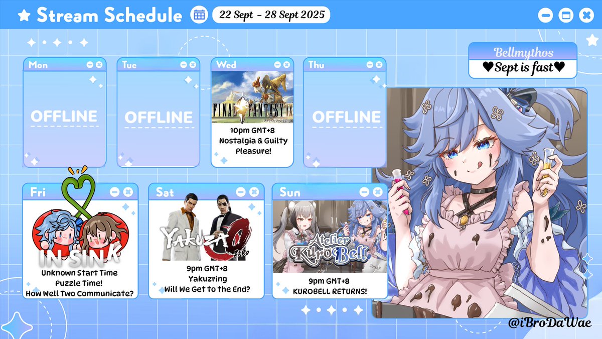 bellmythos's tweet photo. An absolutely not late at all schedule coming to ya! We have some collabs this week that would be a fun time! :3 and we will see if we can finish up Yakuza 0 this week! https://t.co/UTbN00cQ8r