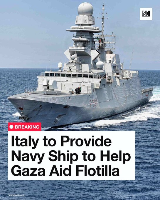 A naval ship sailing on the ocean. The ship has a grey hull, multiple decks, radar equipment on top, and the number F591 on the side. A watermark with "N4" is visible in the top right corner. Text overlay reads "BREAKING Italy to Provide Navy Ship to Help Gaza Aid Flotilla."