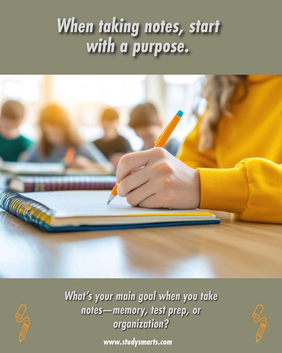 StudySmarts's tweet image. When taking notes, start with a purpose.
Before you take notes, ask: What do I want to remember or use later?
This sets your focus.
What’s your main goal when you take notes—memory, test prep, or organization?
#NoteTakingTips #StudySmarter #MindsetMatters