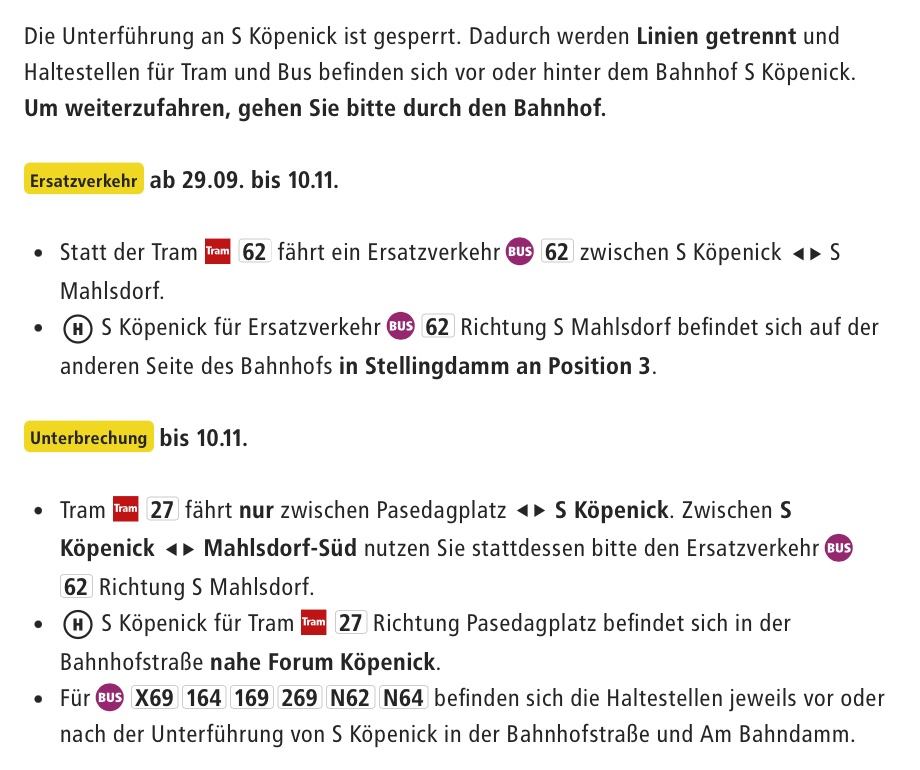 OPNV_Berlin's tweet photo. 🚧 Bauinformation #Berlin 🚧

Ab Montag, 29.09. (ca. 4 Uhr) und bis vsl. 10.11.2025 besteht auf den Linien #27_BVG und #62_BVG zwischen S-Bhf #Köpenick <> S-Bhf #Mahlsdorf ein #Ersatzverkehr.

Wir wünschen eine gute Fahrt! #BVG https://t.co/4c4vWOzXa1