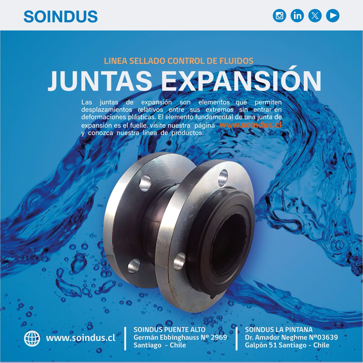 Las juntas de expansión son elementos que permiten desplazamientos relativos entre sus extremos sin entrar en deformaciones plásticas. El elemento fundamental de una junta de expansión es el fuelle.  Visite: soindus.cl y conozca nuestros productos.