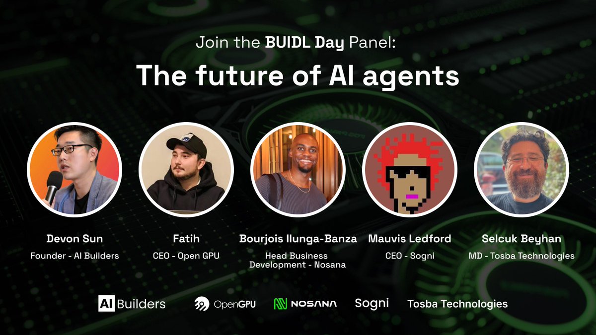 We’re excited to host a panel at BUIDL Day during <a href="/token2049/">TOKEN2049</a> 🙌 

We’ll talk about The Future of AI Agents with our friends from <a href="/theaibuilders/">AI Builders</a> <a href="/ogpucommunity/">OGPU Community</a> <a href="/Sogni_Protocol/">Sogni.ai</a> and Tosba Technology. 

📍September 30th, Singapore 

Spots are limited. RSVP: luma.com/nosana-buidlda…