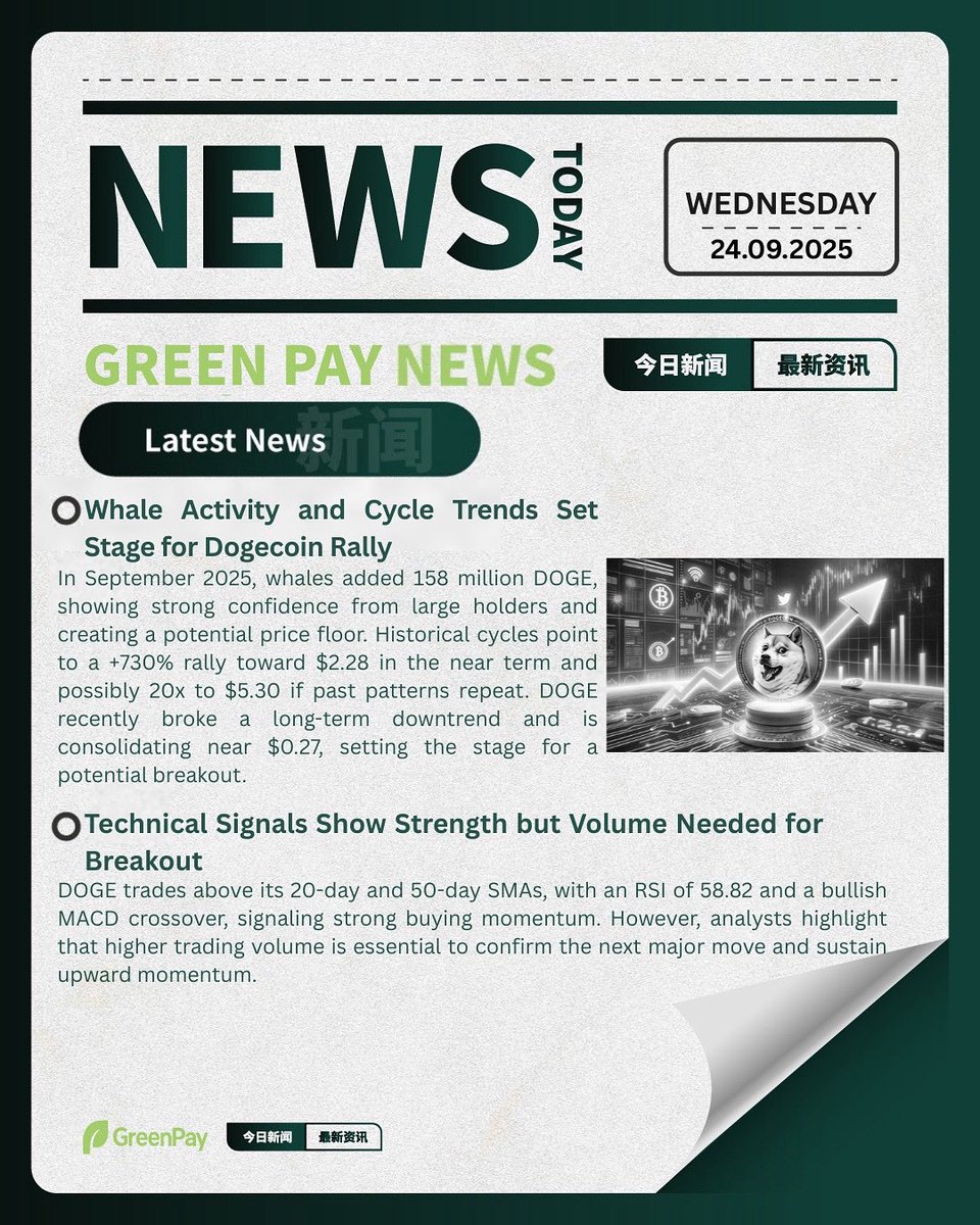 GreenPay_PayFi's tweet photo. GreenPay Daily News 📰
Whales added 158M DOGE in September, boosting confidence and forming a price floor. DOGE eyes $2.28 (+730%) and even $5.30 (20x) if cycles repeat. RSI 58.82 and MACD bullish, but volume needed for breakout.
#GreenPay #DailyNews #DOGE #Crypto #MarketUpdate #Blockchain #Dogecoin