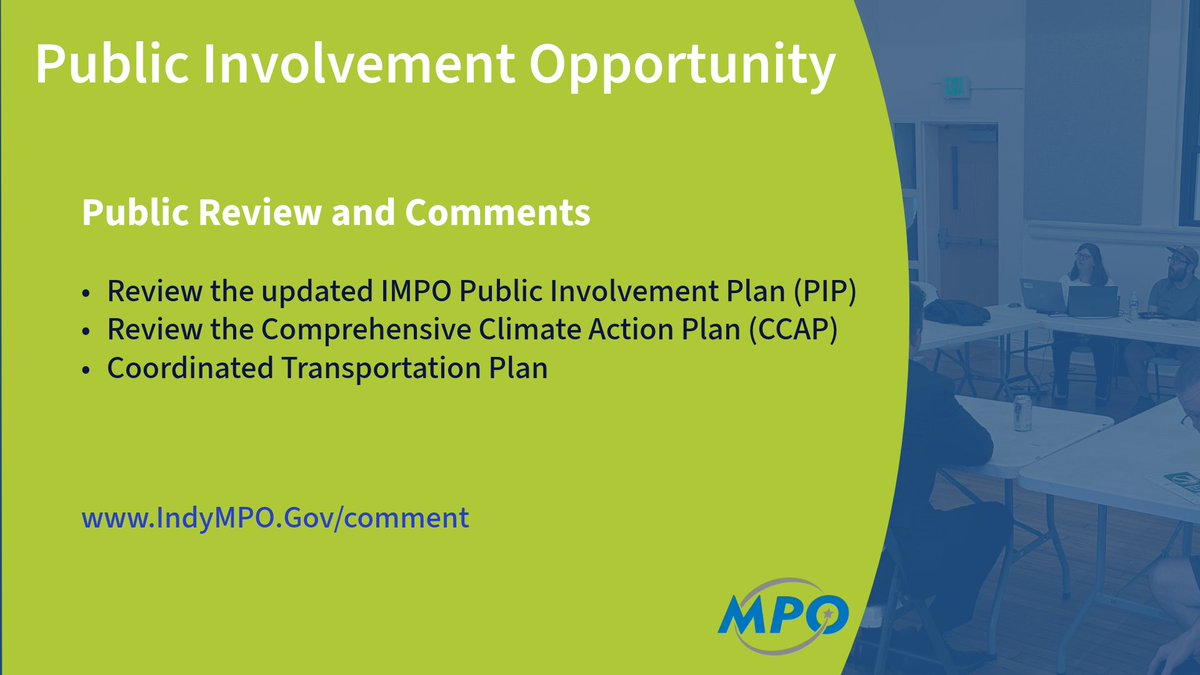 The IMPO has 3 draft plans available for review and public comment.  Find more information about the plans and how to comment at indympo.gov/comment.