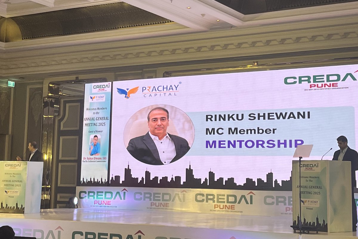 Mr. Rinku Shewani’s speech at the CREDAI Pune AGM 2025, focused on the upcoming launch of a Mentorship Program. 
The program's guiding principles are Connect, Learn and Thrive - emphasizing the importance of a strong mentor-mentee relationship to foster growth and excellence.