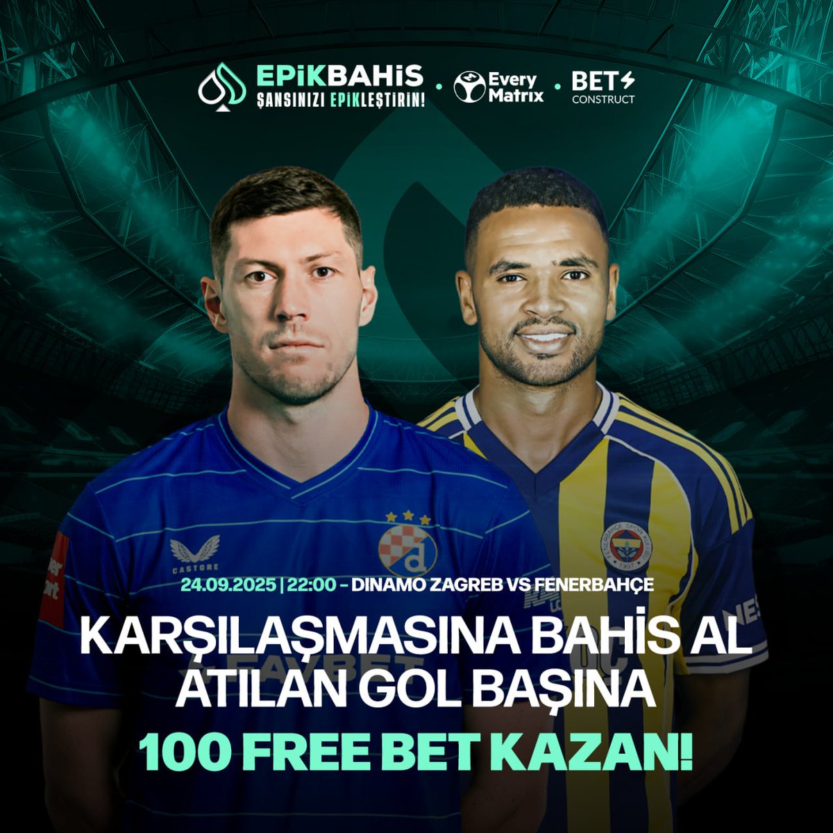 EPİKBAHİS'TE HEDİYE FREE BET YAĞMURU DEVAM EDİYOR!

⚽️ Dinamo Zagreb VS Fenerbahçe karşılaşmasına bahis yap.
🏆 Kuponun kazansa da kaybetse de fark etmez!
⚽️ Her atılan golde tam 100 Free Bet anında hesabında!