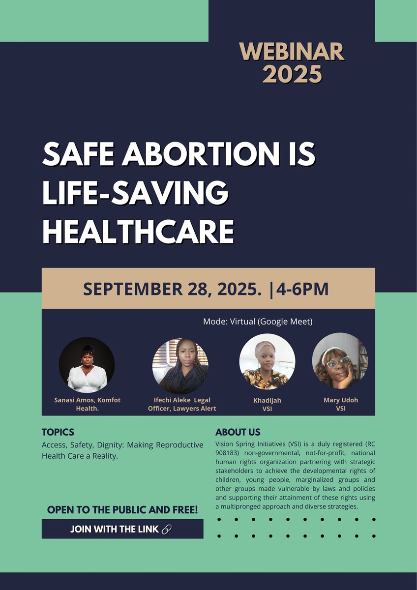 As part of the commemoration of International Safe Abortion Day 2025, we are sharing the invite to our upcoming virtual webinar titled “Access, Safety, Dignity: Making Reproductive Health Care a Reality” scheduled for 28th September 2025, from 4-6pm 💚💙
meet.google.com/ovf-fjzw-pme