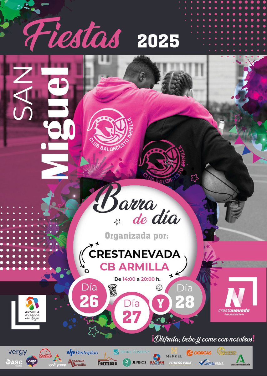 🎉 ¡San Miguel 2025 en Armilla! 🎉
Del 26 al 28 de septiembre disfruta de la Barra de Día del @cbarmilla 🏀🍻 (12h-21h).
Tapas, bebida fresquita y buen ambiente 💜

Gracias a nuestros patrocinadores por hacerlo posible 🙌 #FiestasSanMiguel #Armilla