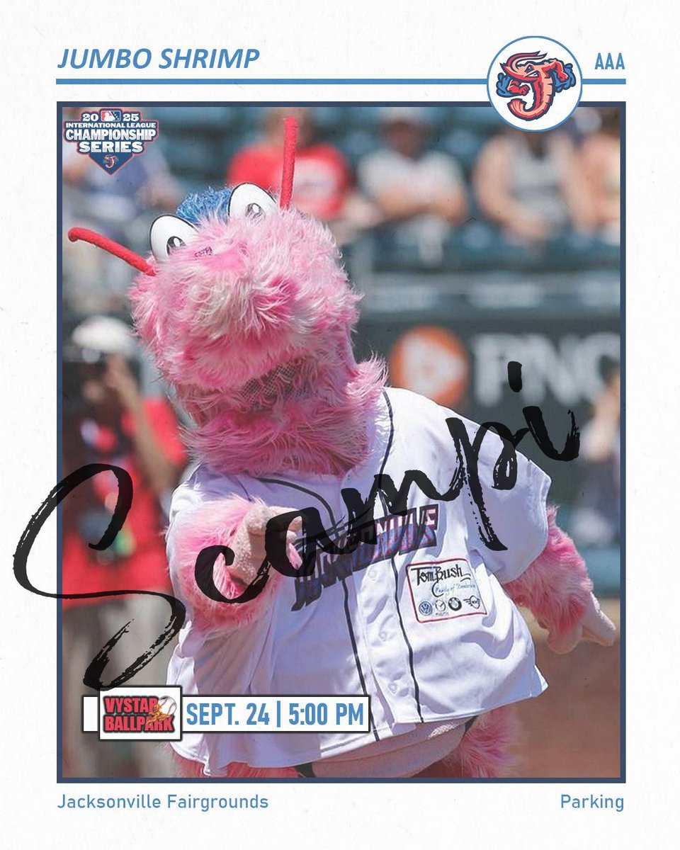 Jacksonville Fairgrounds (@jaxfair) on Twitter photo Game 2 of the International League Championship Series is tonight!
<a href="/swbrailriders/">SWB RailRiders</a> step into the box against your @jaxshrimp at 7:05 PM. The Jacksonville Fairgrounds opens for parking at 5:00 PM. The cost to park is $10 by cash or card. #JumboShrimp
🎟️ | jacksonvillefair.com/jumboshrimp Game 2 of the International League Championship Series is tonight!
<a href="/swbrailriders/">SWB RailRiders</a> step into the box against your @jaxshrimp at 7:05 PM. The Jacksonville Fairgrounds opens for parking at 5:00 PM. The cost to park is $10 by cash or card. #JumboShrimp
🎟️ | jacksonvillefair.com/jumboshrimp
