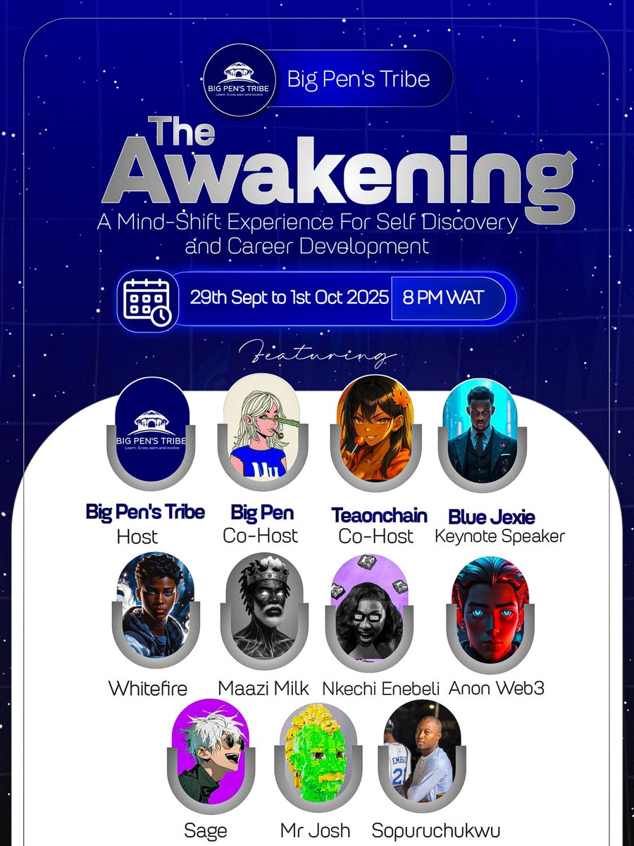 🚨 SET YOUR REMINDER

FROM Sept 29 – Oct 1 we’re not just talking. We’re transforming

The Awakening: Mindset • Growth • Accountability

Don’t miss this journey with BiG Pen’s Tribe
Once you awaken, you can’t go back

SAVE THE DATE 
AND STAY POSITIONED 
x.com/i/spaces/1vOGw…