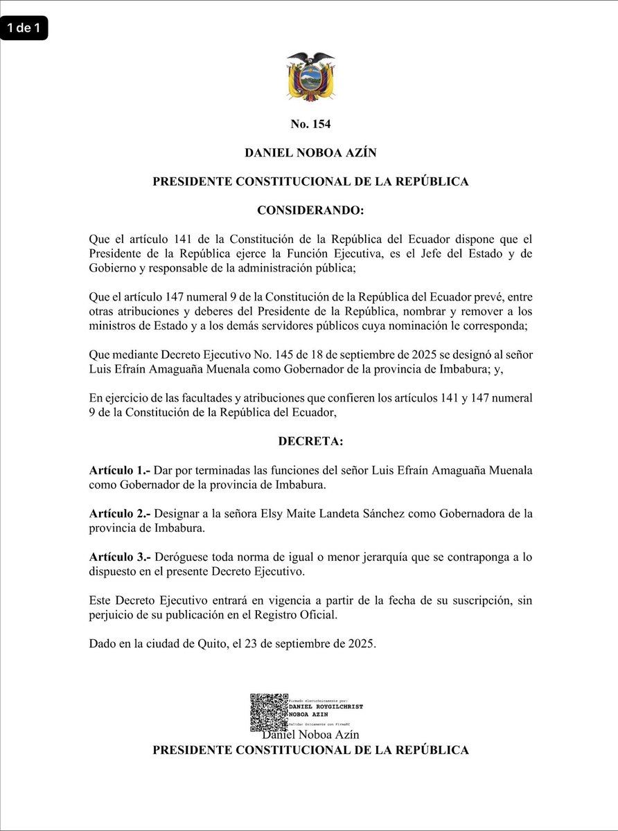 EcEnDirecto's tweet image. #ATENCIÓN
El presidente Daniel Noboa oficializó la #designación de Elsy Maite Landeta Sánchez, como gobernadora de #Imbabura. Con este nombramiento, la nueva #autoridad provincial asume la representación del #Ejecutivo en el territorio.