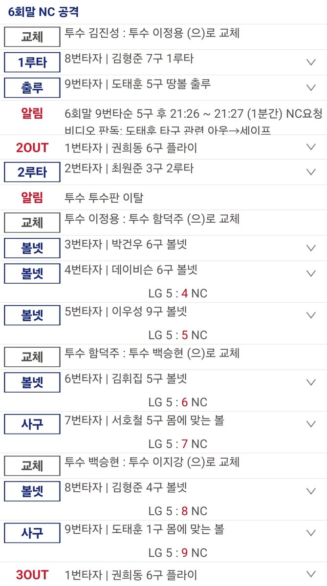 250924 7타자 연속 사사구 KBO 신기록