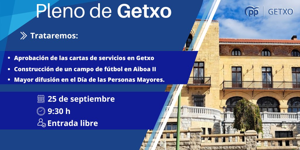 🏛Mañana jueves 25, presentaremos en #pleno estas propuestas:

✅Aprobación de las Cartas de Servicio en #Getxo

✅Construcción de un campo de fútbol en Aiboa II

✅Mayor difusión al Dia de las Personas Mayores

🗓25 de septiembre 
🕐9.30h

Síguelo aquí
getxo.eus/es/ayuntamient…
