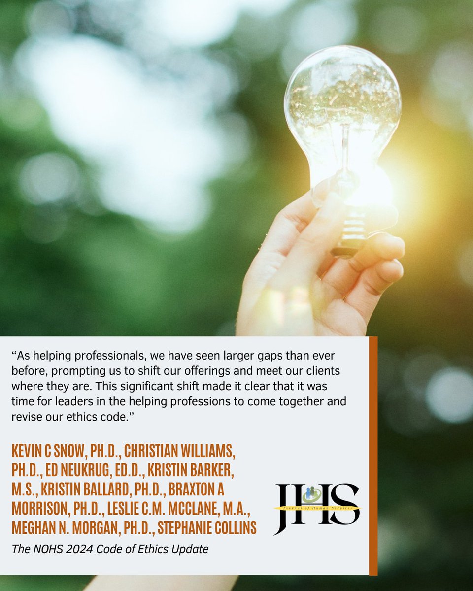 NOHS_org's tweet image. 📖 Explore an inside look at the 2024 revision of the NOHS Ethical Standards for Human Services Professionals. ✨ Read the full story and reflect on what the updated standards mean for you and your practice!
doi.org/10.52678/001c.…

#HumanServices #EthicsInAction #NOHS #JHS