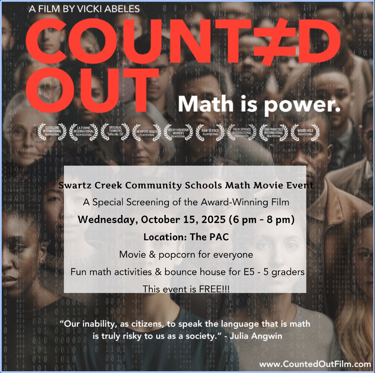swartz_creek's tweet photo. 📣 “Counted Out” Family Movie Night 🎬
Oct 15 • 6–8PM • Swartz Creek PAC
Parents: film + popcorn 🍿
Kids (E5–5th): math games + movie 🎲
👕 Do the Math shirts $12 ($15 XXL+)
FREE EVENT– RSVP by Oct 8! ❤️🐉
#DragonPride #DoTheMath #FamilyMovieNight #MathIsPower https://t.co/bob276aFSV