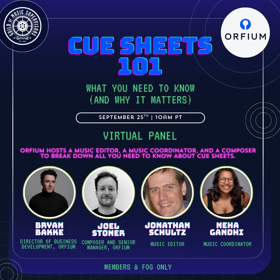 ⏰ Tomorrow’s the day!

We’re going live with the <a href="/guildofmusic/">Guild Of Music Supervisors</a> for a panel on everything cue sheets - how to create, read, and troubleshoot them to make sure artists get paid and productions stay protected.

👉 GMS Members &amp; FOG: Check your email for the link and join us live!