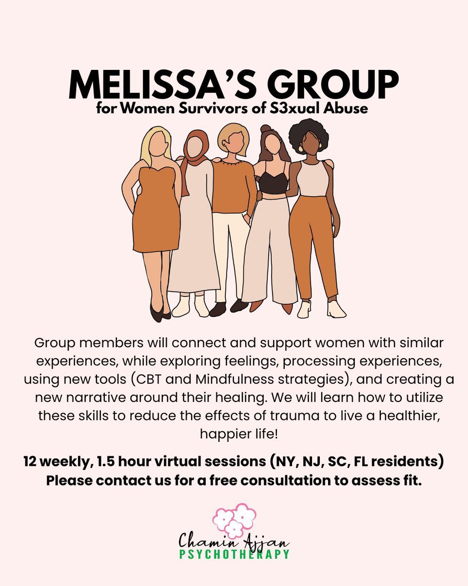 Melissa's Group connects and supports women with similar experiences. This group helps combat isolation by offering emotional support and tools for healing.  For more info or a free consultation, contact appointments@chaminajjan.com or mollie@chaminajjan.com. #SurvivorStrength