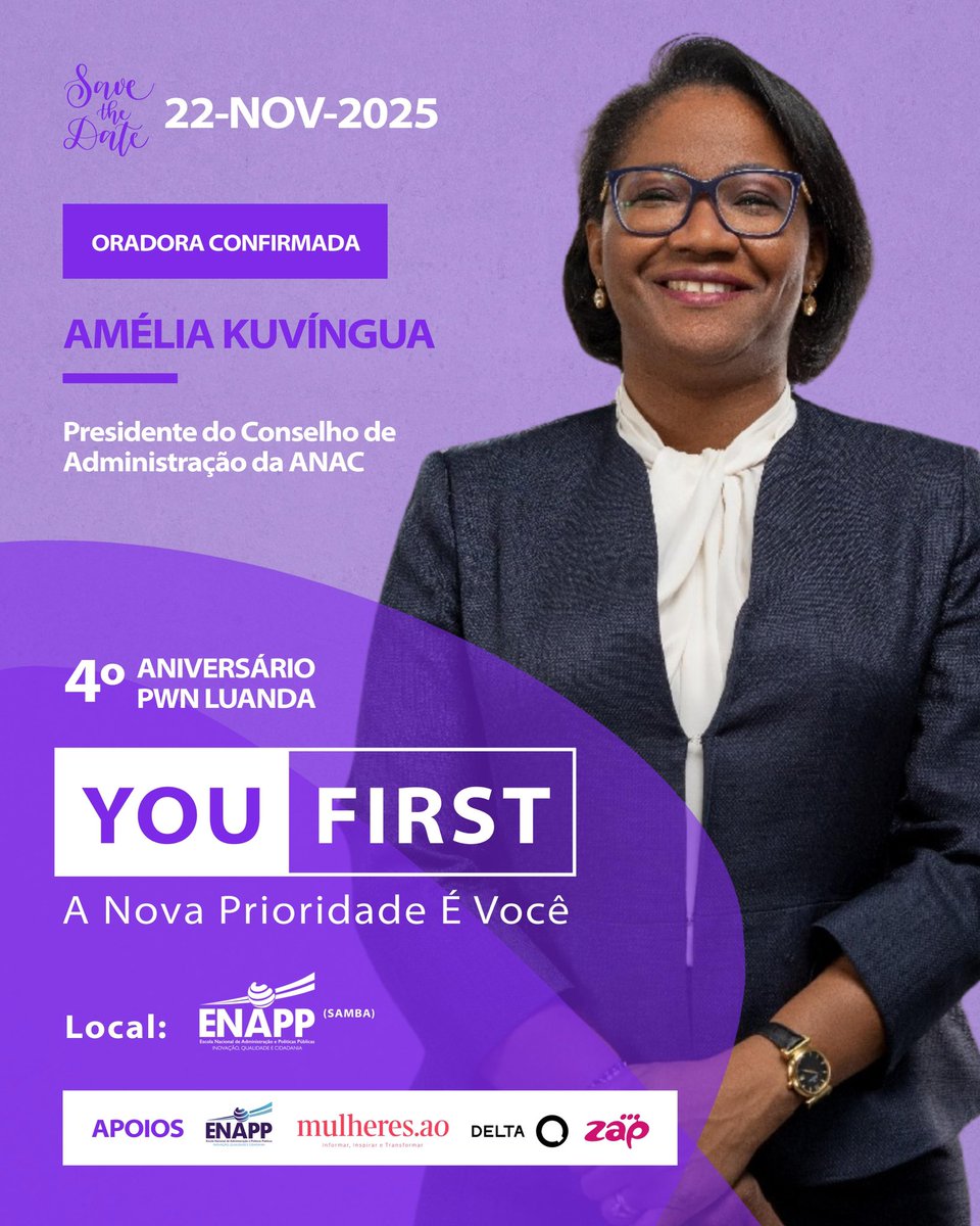 PWNLuanda's tweet image. ✨ Save the Date | 22 de Novembro de 2025 ✨
🎟️Membros AOA 30.000,00 | Não Membros AOA 40.000,00
Inscrições e mais info pwnluanda@pwnluanda.net
Fale connosco via WhatsApp: api.whatsapp.com/send?phone=244…
#PWN #Liderança #Empoderamento #Networking #YouFirst #Luanda #Inspiração