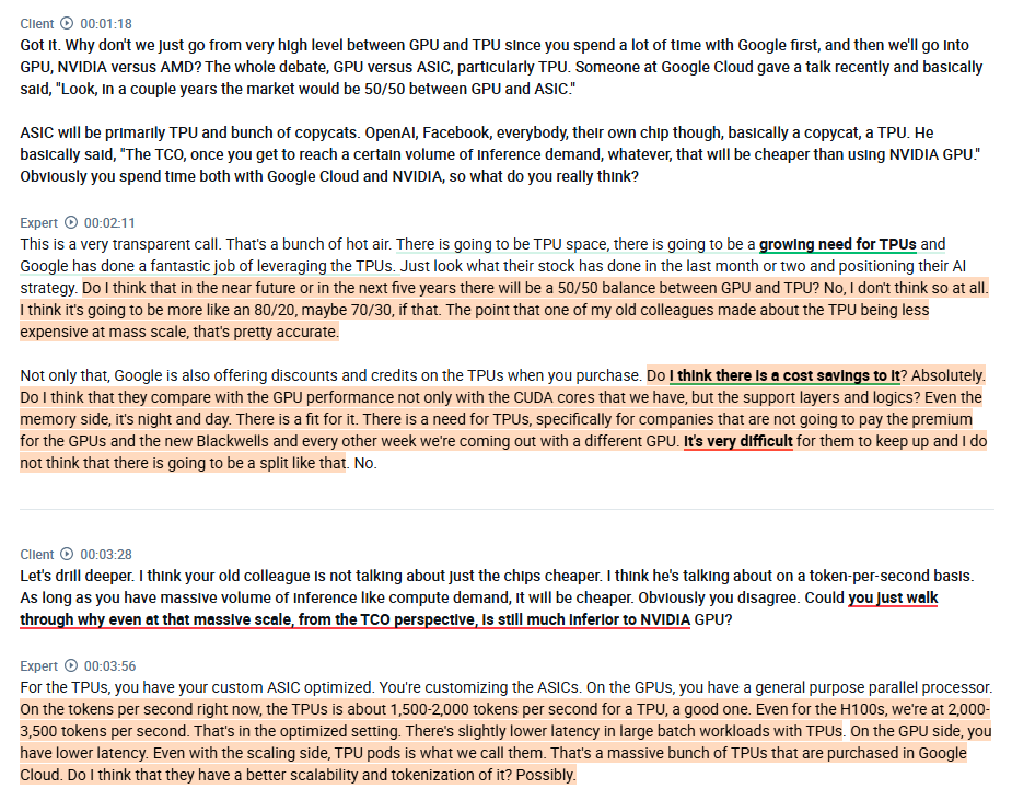 RihardJarc's tweet image. A very insightful interview with an $NVDA employee (also a former $GOOGL employee) on the $NVDA/ASIC topic:

1. He doesn't think the split between $NVDA and ASICs in the next 5 years will be 50/50, but more like 80/20 or 70/30 in favor of $NVDA. He does think that $GOOGL TPUs…