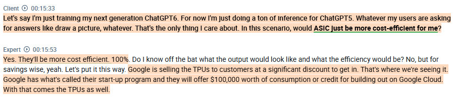 RihardJarc's tweet image. A very insightful interview with an $NVDA employee (also a former $GOOGL employee) on the $NVDA/ASIC topic:

1. He doesn't think the split between $NVDA and ASICs in the next 5 years will be 50/50, but more like 80/20 or 70/30 in favor of $NVDA. He does think that $GOOGL TPUs…