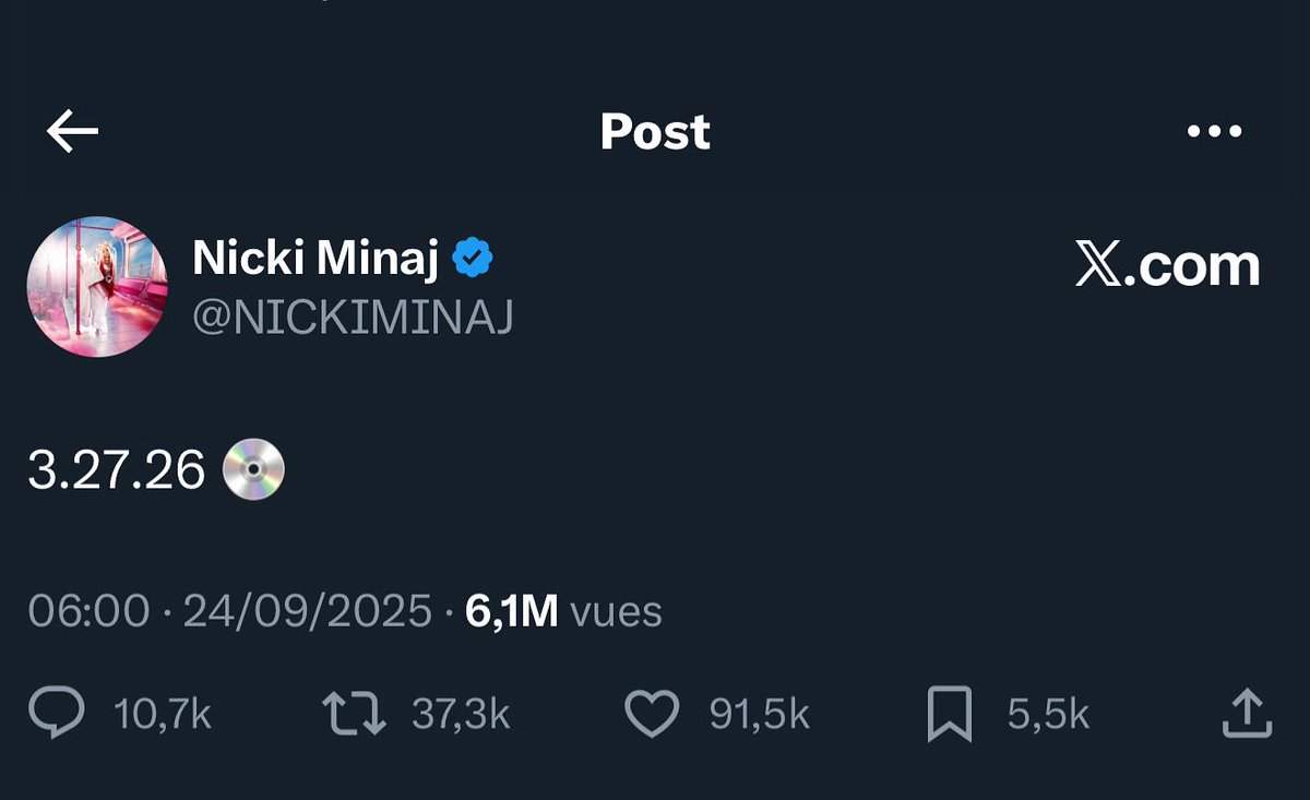Nicki Minaj de retour en Mars 2026 ?!
On ne sait pas si c'est un single ou un album mais en tout cas, Nicki nous cook quelque chose et ça dropera le 27 mars prochain !!