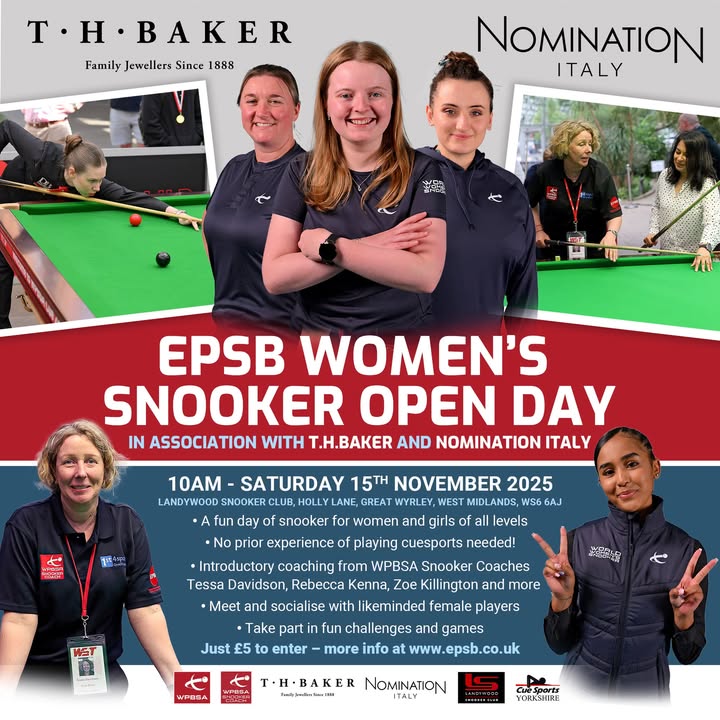EPSBofficial's tweet image. 🏴󠁧󠁢󠁥󠁮󠁧󠁿 EPSB TO HOST WOMEN&apos;S SNOOKER OPEN DAY! An all-new #WomensSnooker Open Day is set to take place this November and aims to remove barriers and raise the visibility of women’s snooker in England! The day, staged in association with… dlvr.it/TNGL2q