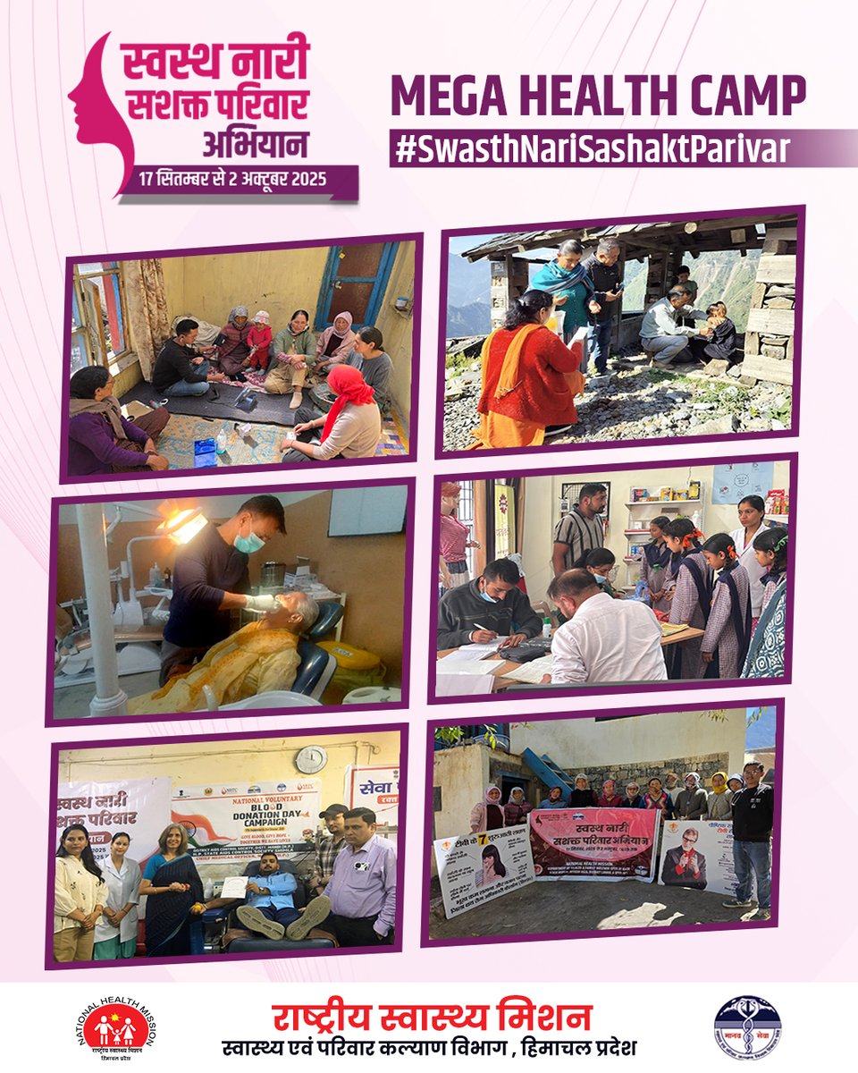nhmhimachalp's tweet photo. "स्वस्थ नारी, सशक्त परिवार की ओर एक और महत्वपूर्ण कदम | 24-09-2025 को ह���माचल प्रदेश के विभिन्न जिलों में आयोजित #SwasthNaariSashaktParivar स्वास्थ्य कैंप में गैर संचारी रोगों, टी.बी. व  एनीमिया की स्क्रीनिंग की गई । https://t.co/Sq24hA25M5