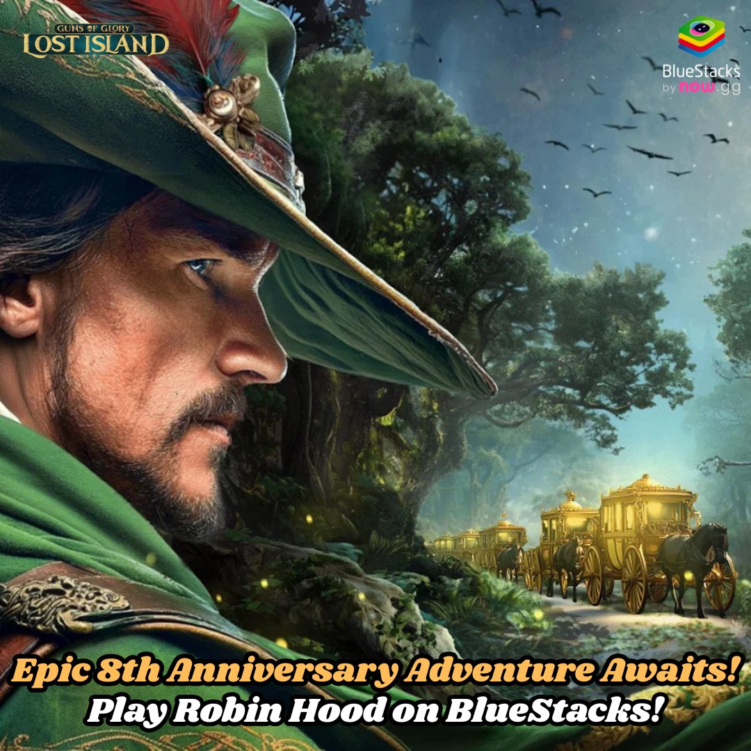 bluestacksinc's tweet photo. 🎉 Happy 8th Anniversary, #GunsOfGlory! 🎉

Team up with ROBIN HOOD in a new treasure hunt event! Storm castles &amp; earn exclusive rewards! 💰

Draw your bow, Musketeer! Glory and treasure await! 🏹

Play on BlueStacks PC &amp; Mobile! 👇
https://t.co/jKfQUnvtmo

#GoG #Anniversary https://t.co/YB87lRcmzi