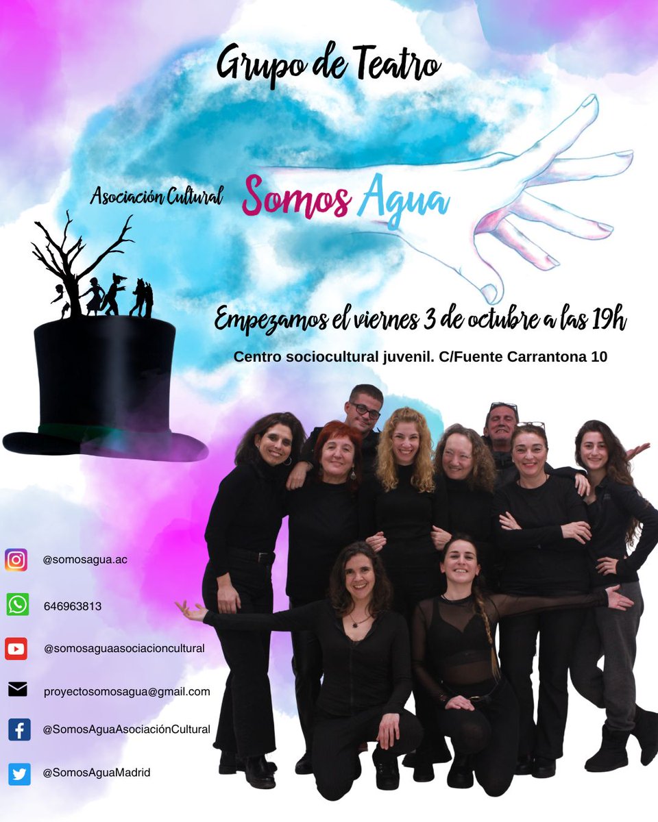 Somos Agua: Teatro Social e Inclusivo en Somos Agua 
Tras la magnífica experiencia del curso pasado, este otoño retomamos nuestro curso de teatro inclusivo, un espacio donde la diversidad y la creatividad se encuentran para dar voz a todas las personas. EMPEZAMOS EL 3 DE OCTUBRE.