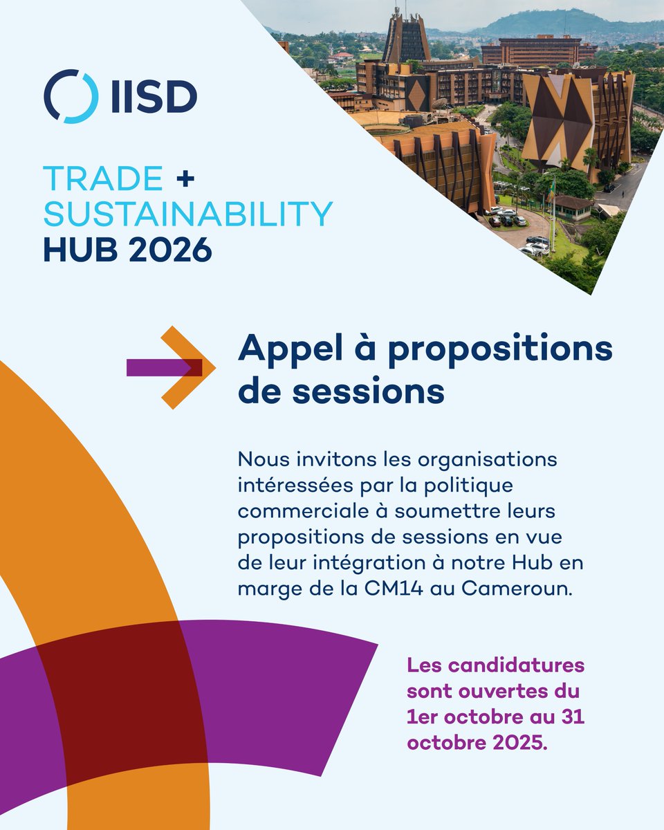 <a href="/wto/">WTO</a> <a href="/IISD_news/">IISD</a> <a href="/AliceTipping/">Alice Tipping</a> <a href="/NathalieBernasc/">Nathalie Bernasconi</a> <a href="/Cameroon_in_GVA/">Permanent Mission of Cameroon in Geneva</a> <a href="/IBarsauskaite/">Ieva Baršauskaitė</a> <a href="/TristanIrschli/">Tristan Irschlinger</a> <a href="/facundo_calvo_/">Facundo Calvo</a> <a href="/NdongoThomas/">NDONGO O. Thomas</a> 📅 Dès le 1er octobre 2025, proposez votre session pour le #TradeSustainabilityHub2026 à Yaoundé, Cameroun, parallèlement à #MC14 de l’OMC.

Ne manquez pas l’occasion de participer à d’importantes discussions sur le commerce mondial. 🌍

🔗: iisd.swoogo.com/trade-and-sust…