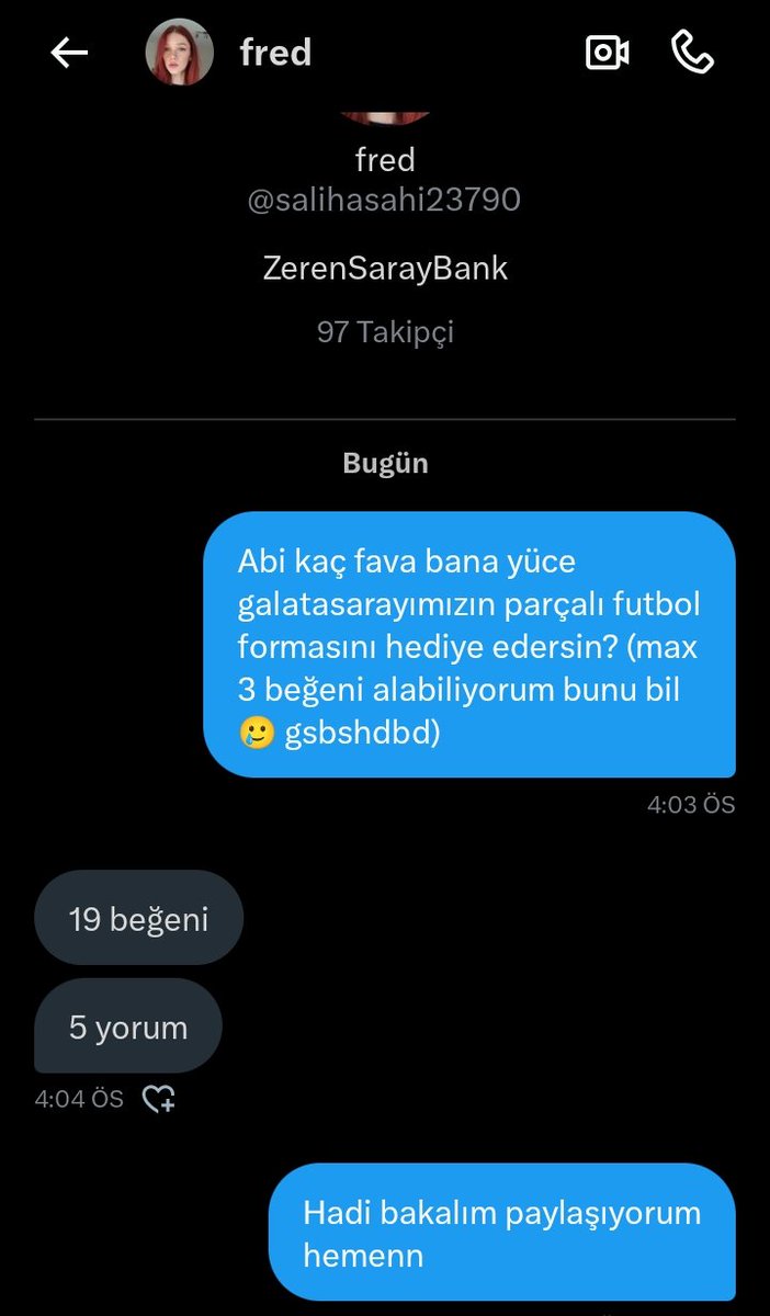 Abim insaflı davrandı direkt 1905 beğeni de diyebilirdi 😌
Bu isteği yerine getirmeme yardım eder misinizzzzz🙏🏻🫶🏻 @salihasahi23790