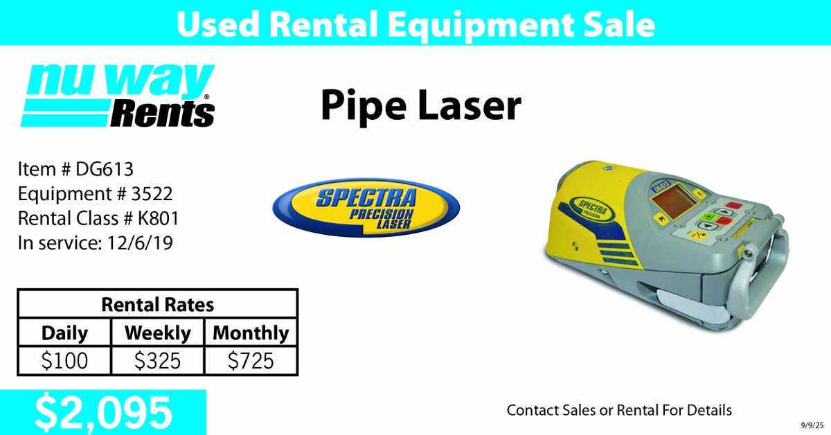 We now have a Spectra DG613 Pipe Laser available for sale or rent! The DG613 is built tough for the jobsite and delivers precision you can count on.

From quick jobs to long-term needs, Nu Way has #everythingforthecontractor.
#nuwayinc #nuwayrents #nuwayfab
