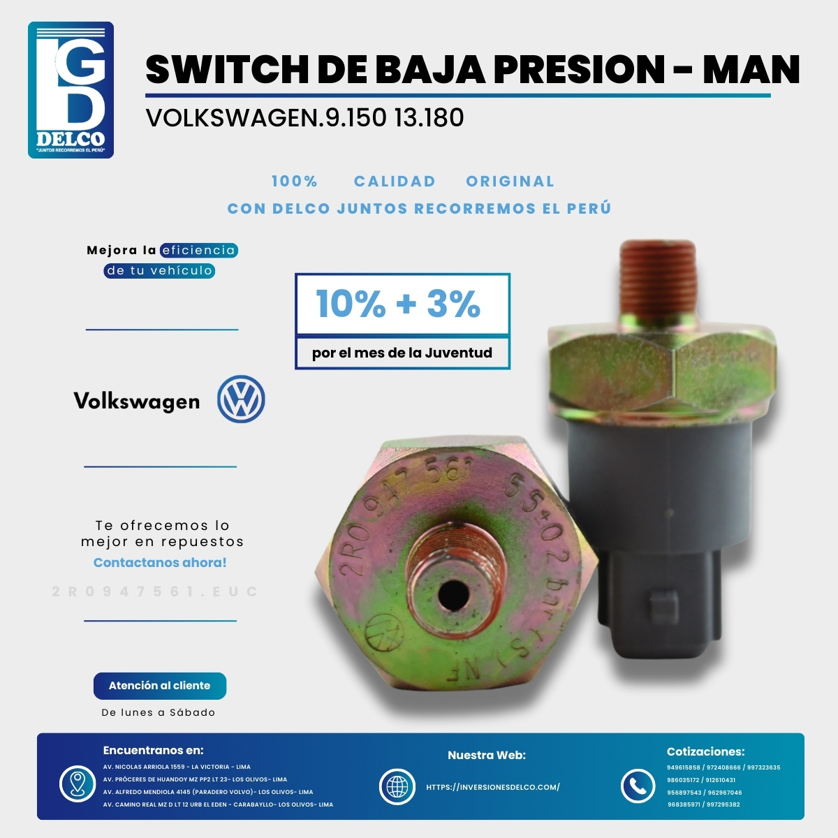 delco_srl's tweet photo. 📣Por este mes de la juventud Haz que tu auto vuelva a rugir con la fuerza y potencia de antes, encuentra en DELCO repuestos de alta calidad.🚨
Ven y aprovecha el gran descuentaso del 10%+3% DSCTO en repuestos de la marca #VOLKSWAGEN🤩
📞contáctanos yaaaa!!!!! https://t.co/s9P0miKjLf
