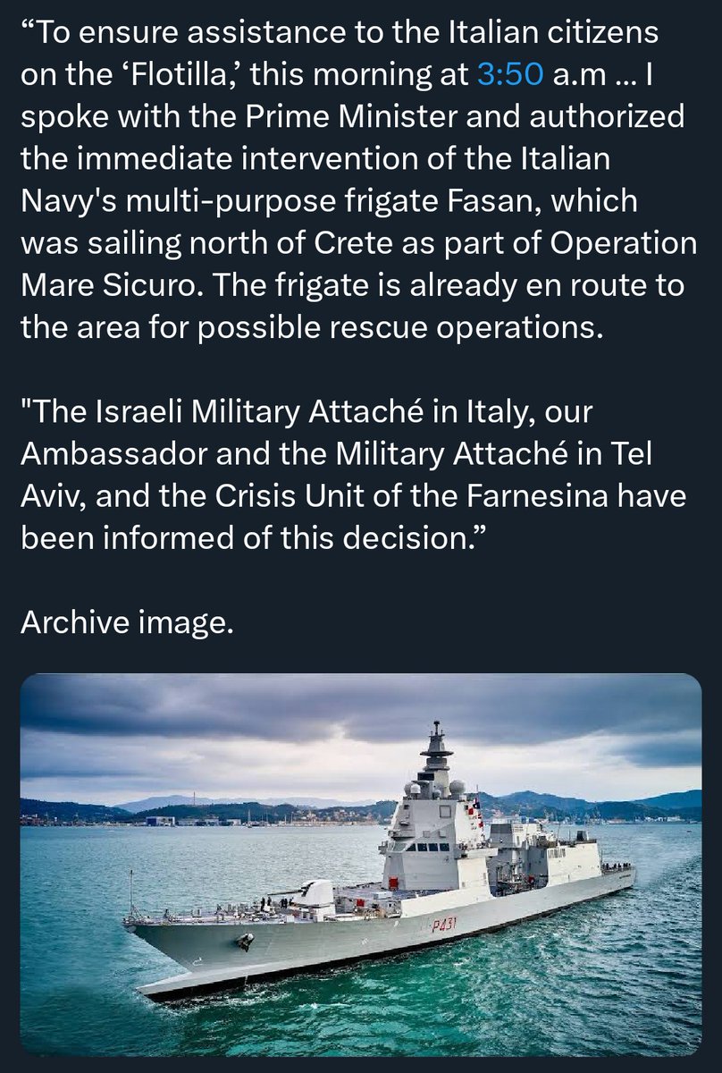 まさか🇮🇹イタリア海軍が最初に動くとは！
しかも司令官判断ではなく、
クロセット国防相の指示だという。
メローニ首相も了承済み。
#不屈の世界船団
#GlobalSumudFlotilla
#BreakTheSiege
x.com/SuppressedNws1…