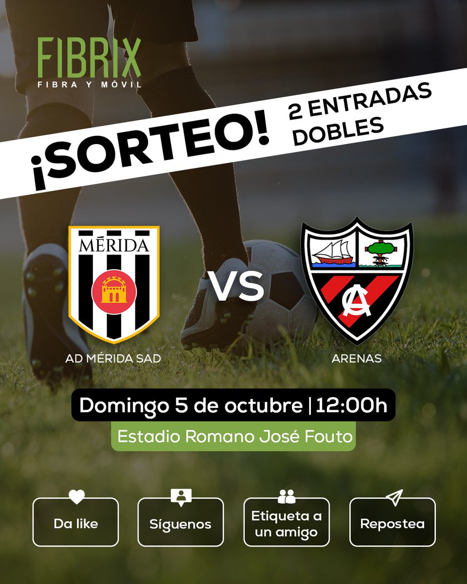 ¡Sorteamos 2 entradas dobles para ver el Mérida vs Arenas! ⚽️🔥

Para participar:
❤️ Dale like
👥 Síguenos
👫 Etiqueta a un amig@
🔄 Haz RT

Anunciaremos a los 2 ganadores en una semana. ¡Suerte a tod@s! 🍀

#fibrix #conxdeextremadura #sorteo #entradasgratis #futbol #merida