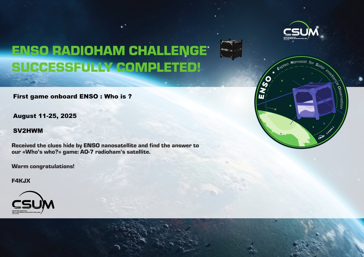 Nice diploma for my participation in the first challenge game from the 🇫🇷 🛰️ ENSO. Many thanks to the entire <a href="/CSUM_F4KJX/">F4KJX - CSUM Hamradio</a> team. I really enjoyed it!