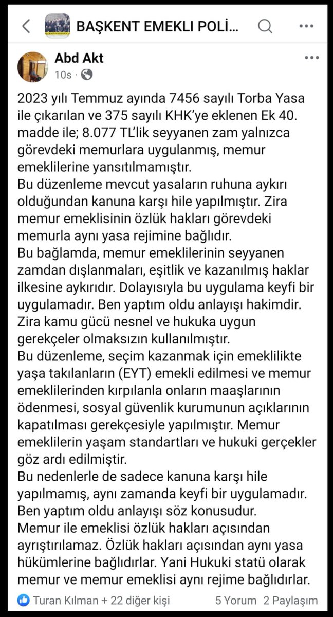 Ne eksik ne fazla, olay tam olarak budur..!
#EmekliMemur yasal hakkı olan Seyyanen ilave ödeme  Zammı istiyor. 
Anayasaya, 657 sayılı devlet memurları kanununa, 5434 ve 4688 Sayılı Kanunlara aykırı bir 375 Sayılı KHK'ya Ek 40. Maddesini Cumhurbaşkanının Sözüne Rağmen ısrarla 28