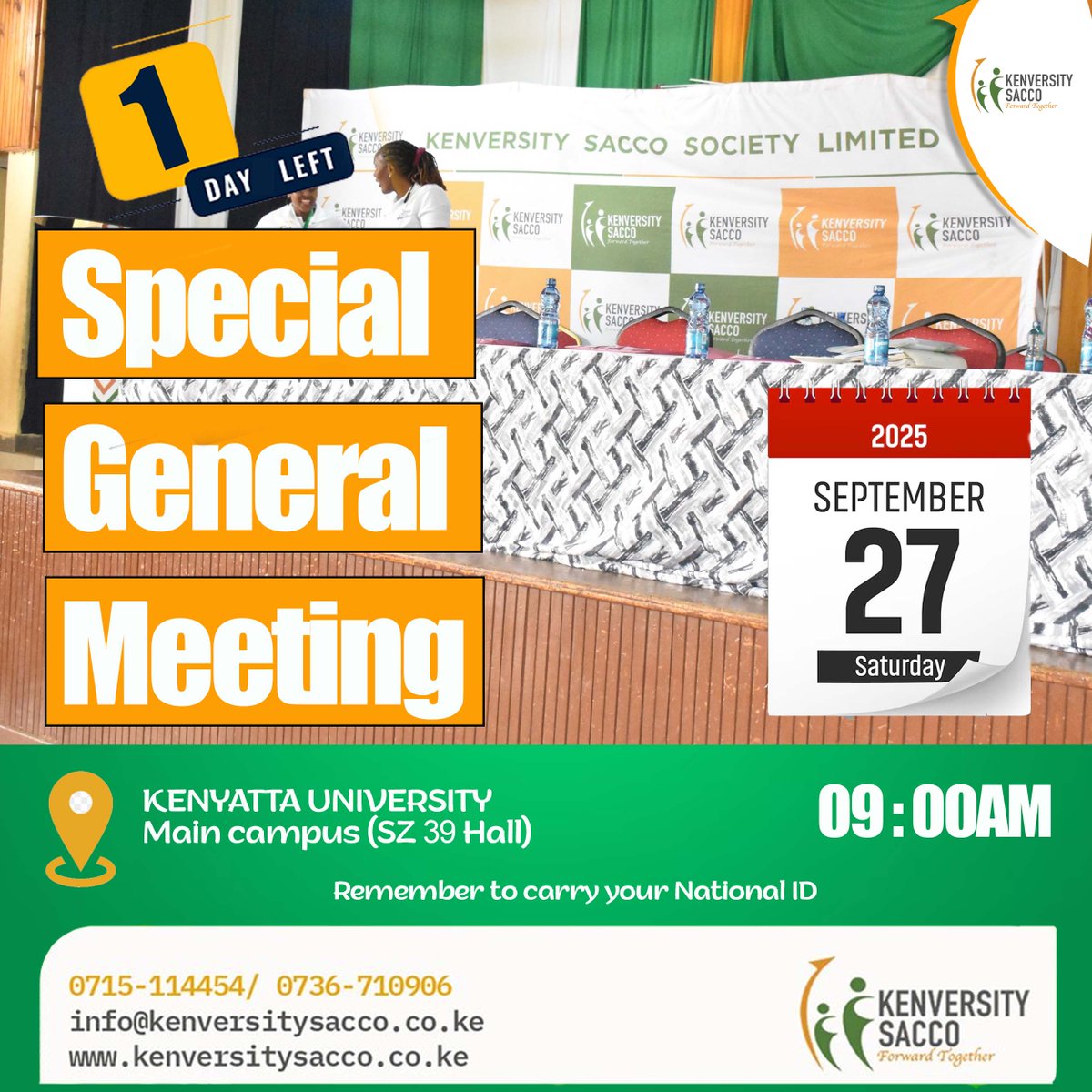 kenversity's tweet image. It's tomorrow members! Tupatane pale Kenyatta University, SZ39 Hall, 9:00AM for our SGM.  #SGM #financialfreedom #kenversitysacco #MbelePamoja