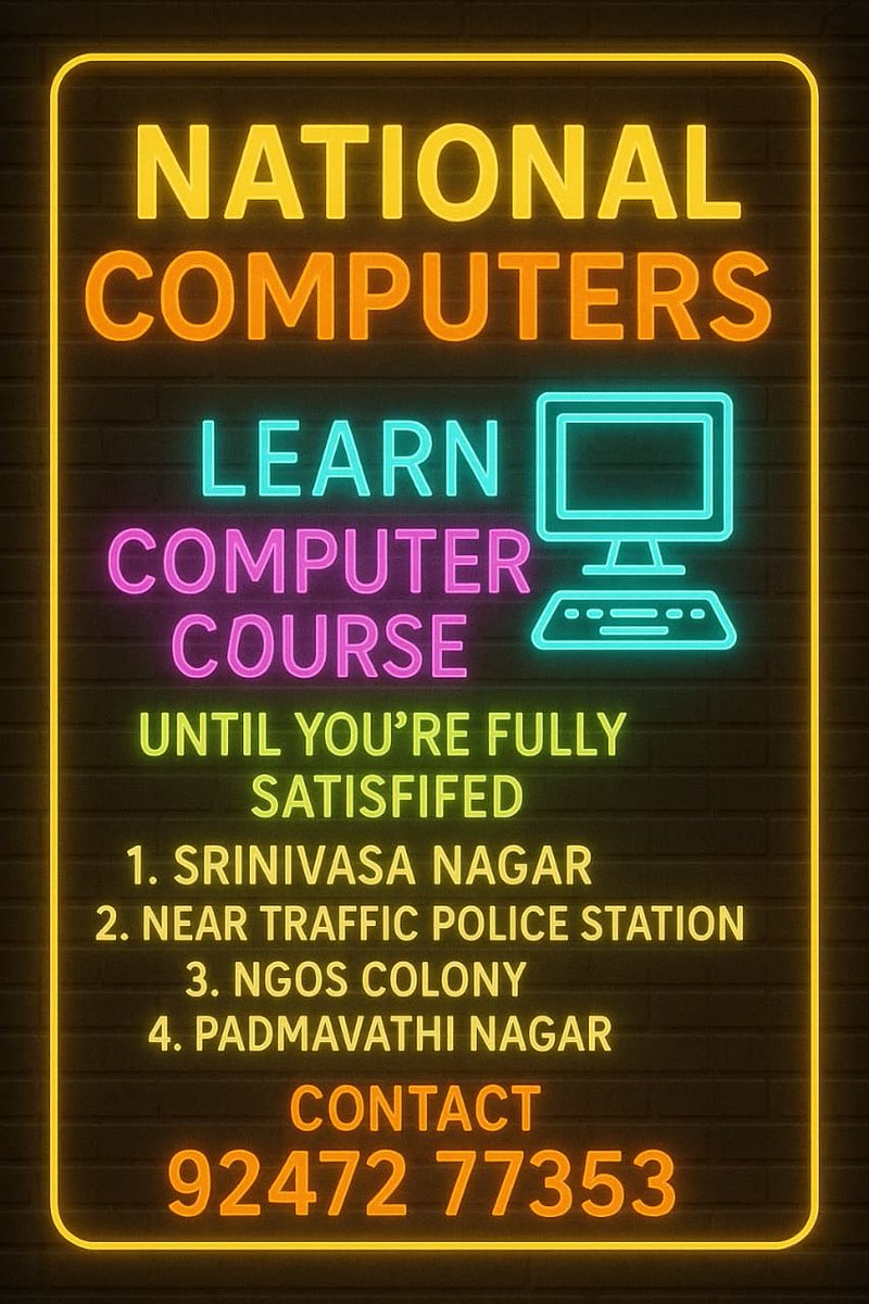 nationalndl's tweet image. 💻 Want to master computers?
At National Computers, we teach until you’re fully satisfied ✅
📍 4 branches across Nandyal
📞 92472 77353
#NationalComputers #ComputerCourses #Nandyal #SkillDevelopment #DigitalIndia