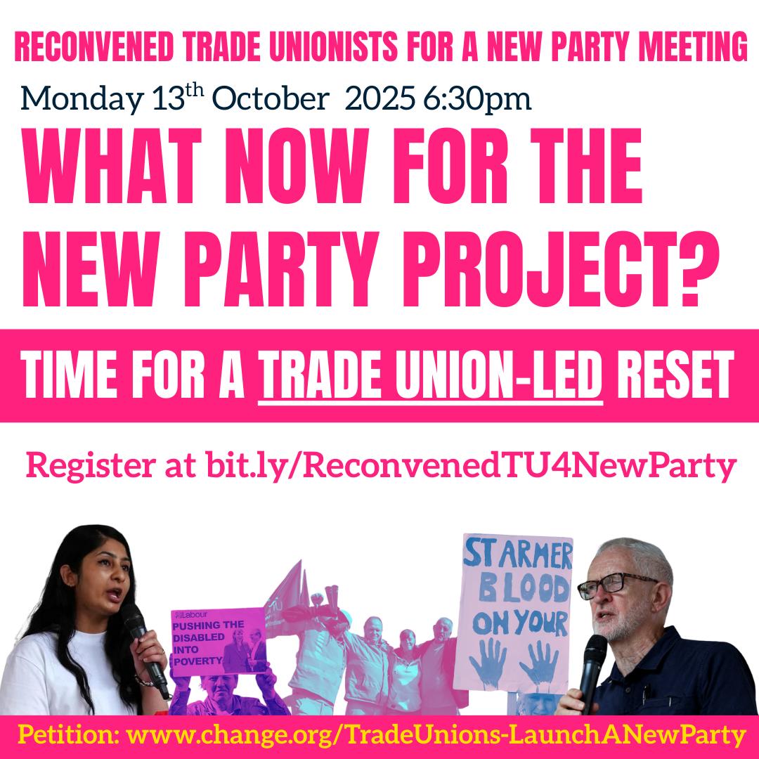 𝗥𝗲𝗰𝗮𝗹𝗹 𝗺𝗲𝗲𝘁𝗶𝗻𝗴 – 𝗧𝗿𝗮𝗱𝗲 𝗨𝗻𝗶𝗼𝗻𝗶𝘀𝘁𝘀 𝗳𝗼𝗿 𝗮 𝗡𝗲𝘄 𝗣𝗮𝗿𝘁𝘆
On 21st July, over 1,000 trade union reps and branch activists met to campaign for a new party rooted in working-class organisations and communities.
Trade unions are beginning to discuss and