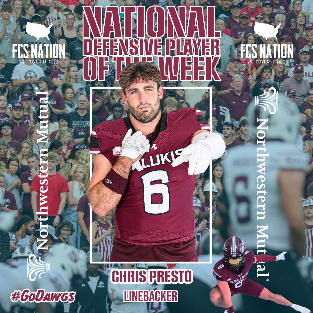 𝗖𝗵𝗿𝗶𝘀 𝗣𝗿𝗲𝘀𝘁𝗼. <a href="/prestochris23/">Chris Presto</a> 

⚫ 𝐃𝐄𝐅𝐄𝐍𝐒𝐈𝐕𝐄 𝐏𝐋𝐀𝐘𝐄𝐑 𝐎𝐅 𝐓𝐇𝐄 𝐖𝐄𝐄𝐊 ⚫

Last week vs SEMO: <a href="/SIU_Football/">Saluki Football</a> 
12 Tackles
1 Interception
1 Forced Fumble 
𝗱𝘂𝗯.

(presented by <a href="/NM_Financial/">Northwestern Mutual</a>)