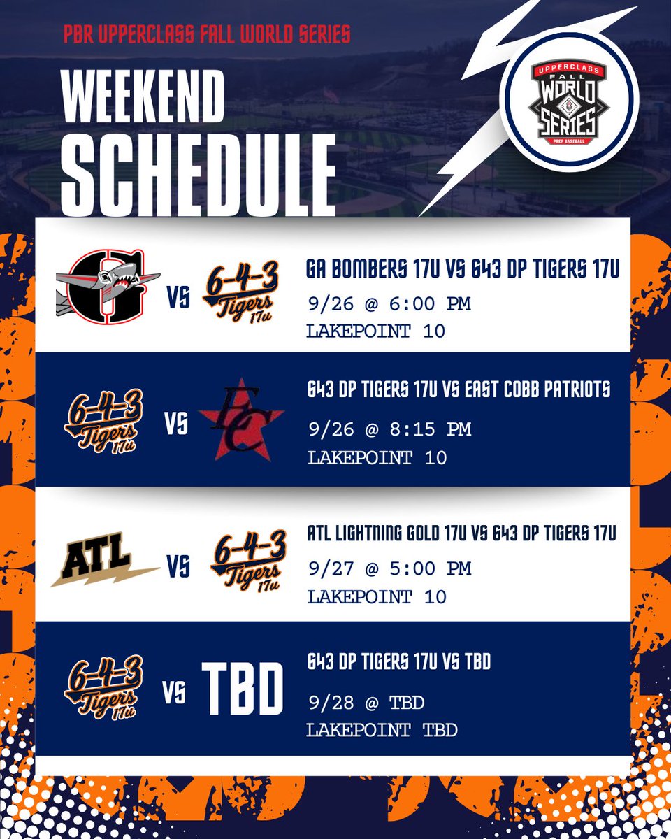 📍 17U Tigers — Weekend Schedule

Back at it this week at LakePoint. Excited to compete and keep building momentum through the fall.